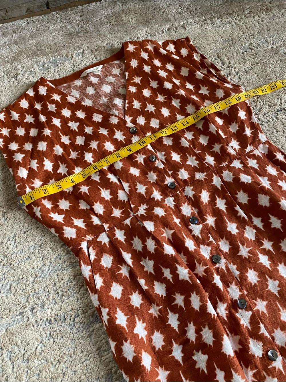 Garnet Hill Linen Midi Dress Rust Brown Star-Print Button Front Dress Sleeveless - Picture 12 of 13